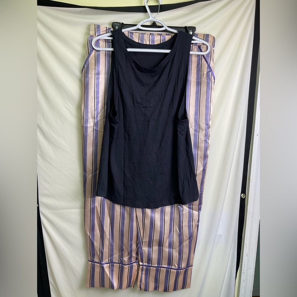 Adore Me Black Sleeveless Lounge Tank with Capris in Pink and Purple Stripes